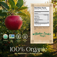 Mother Earth organic ACV in amber bottle, smooth flavor for marinades and vinaigrettes