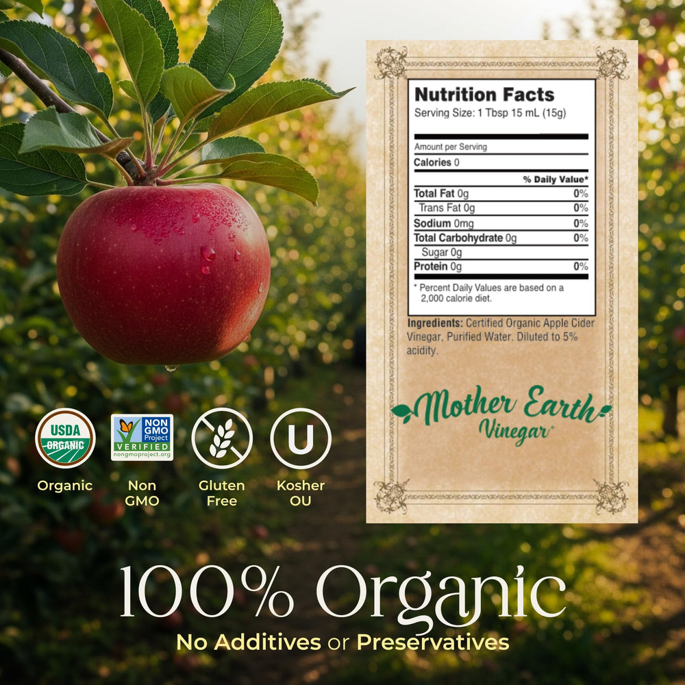 Mother Earth Organic Apple Cider Vinegar label close-up highlighting organic quality.