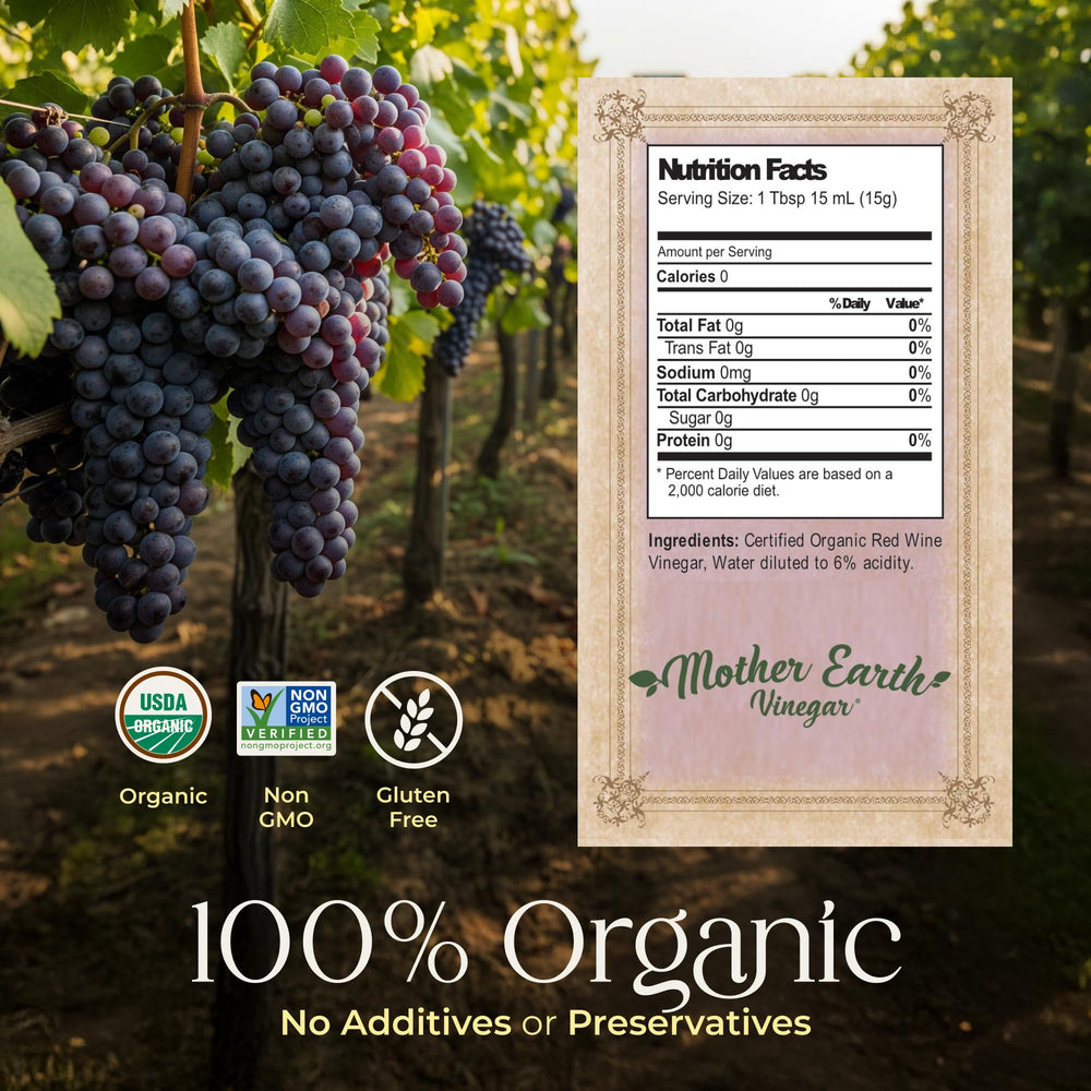 Mother Earth Organic Red Wine Vinegar with The Mother bottle front label indicating organic quality