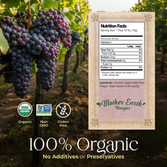 Mother Earth Organic Red Wine Vinegar with The Mother bottle front label indicating organic quality