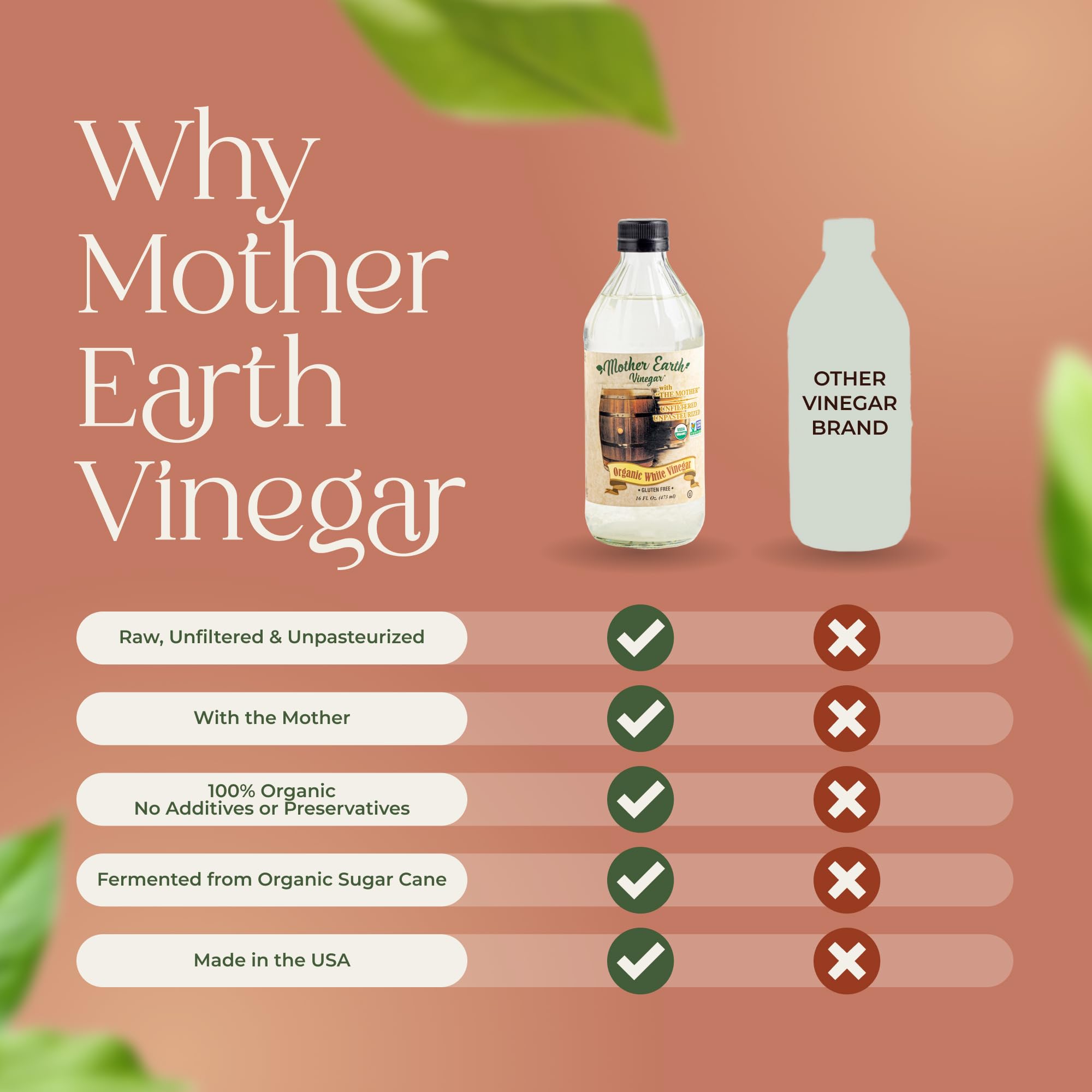 Organic label on Mother Earth Vinegar signals unfiltered, raw quality.
