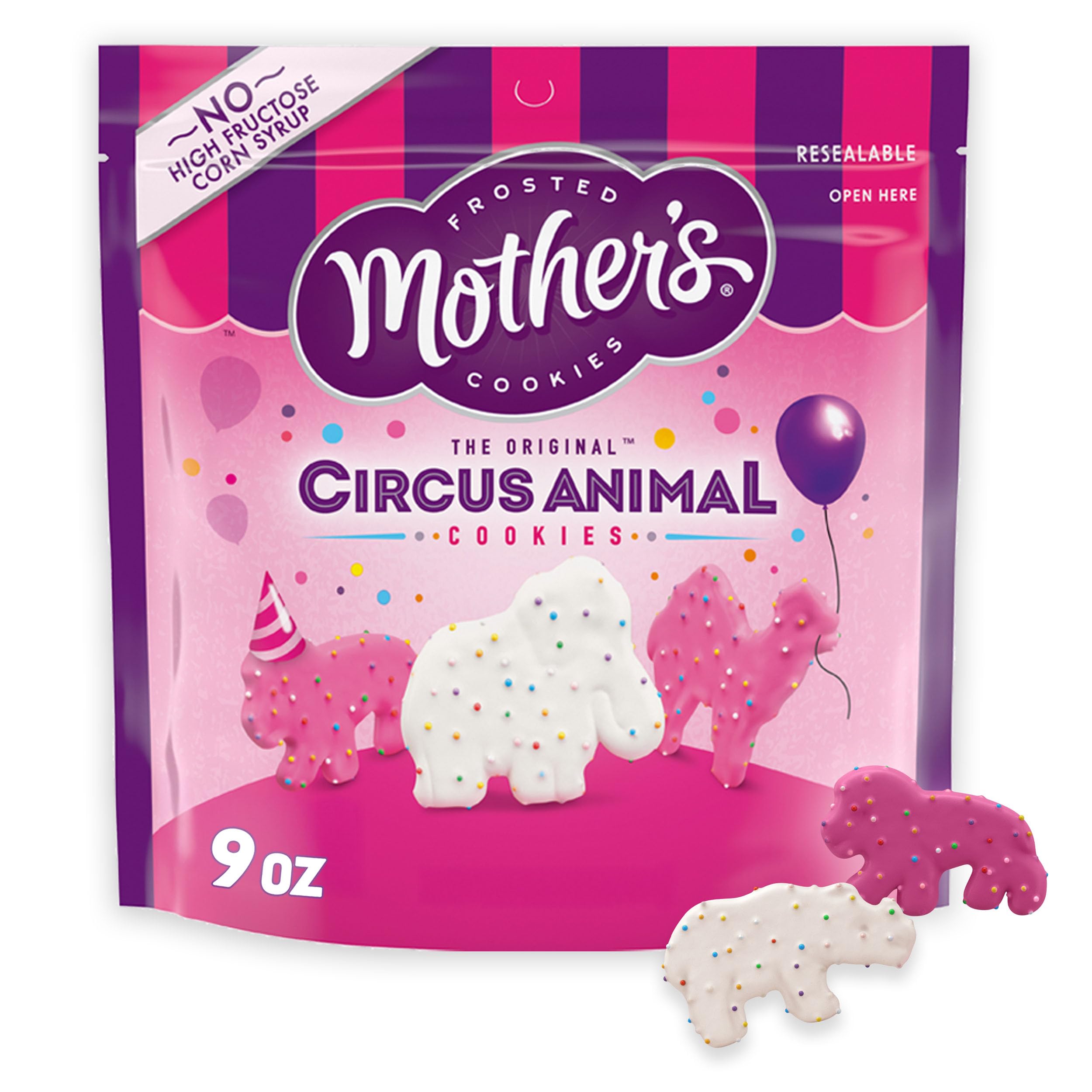 Mother's Circus Animal Cookies 9oz front-pack view, colorful frosting and sprinkles entice kid-friendly snacking.