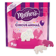 Mother's Circus Animal Cookies 9oz front-pack view, colorful frosting and sprinkles entice kid-friendly snacking.