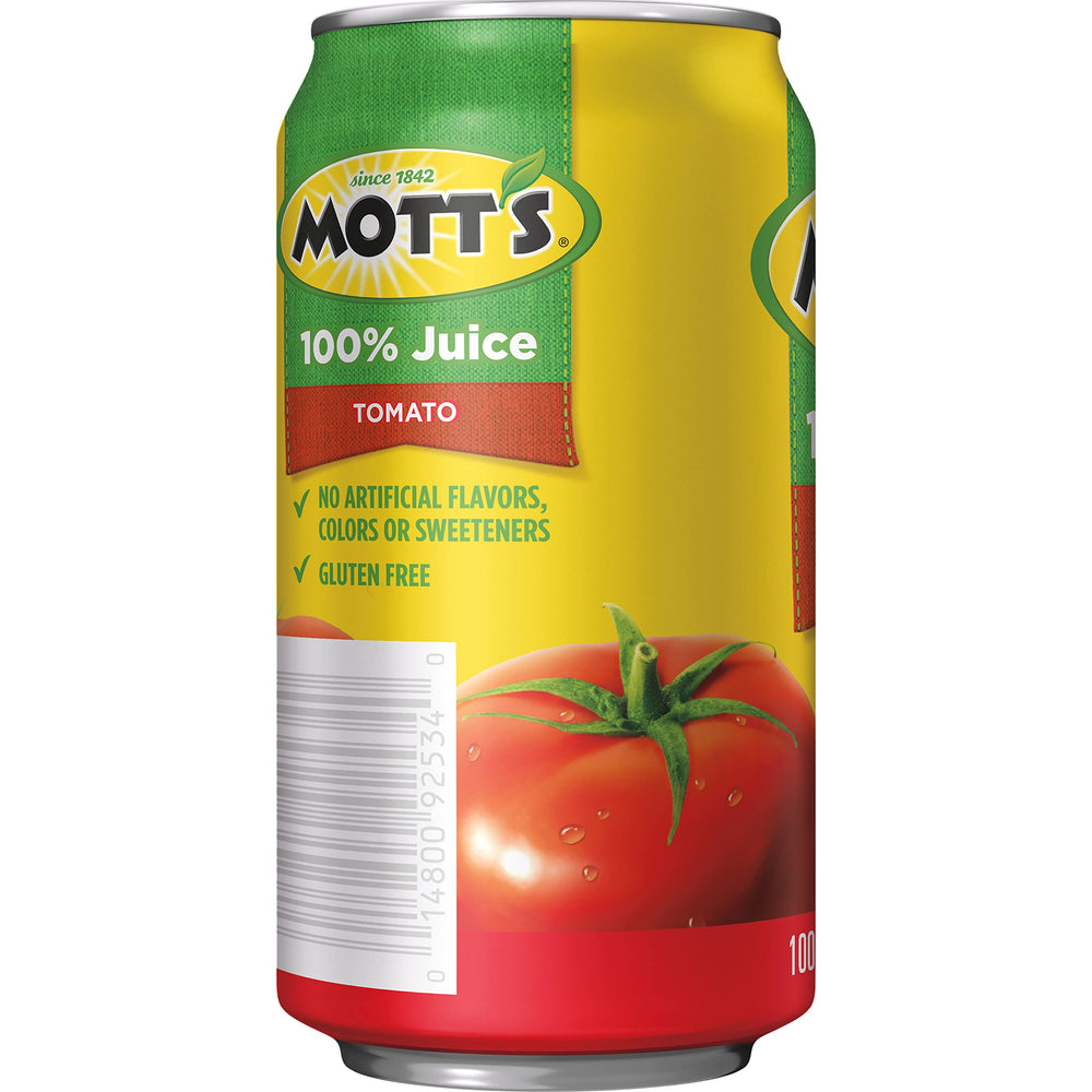 Close-up of Mott's label showing 100% tomato juice ingredients