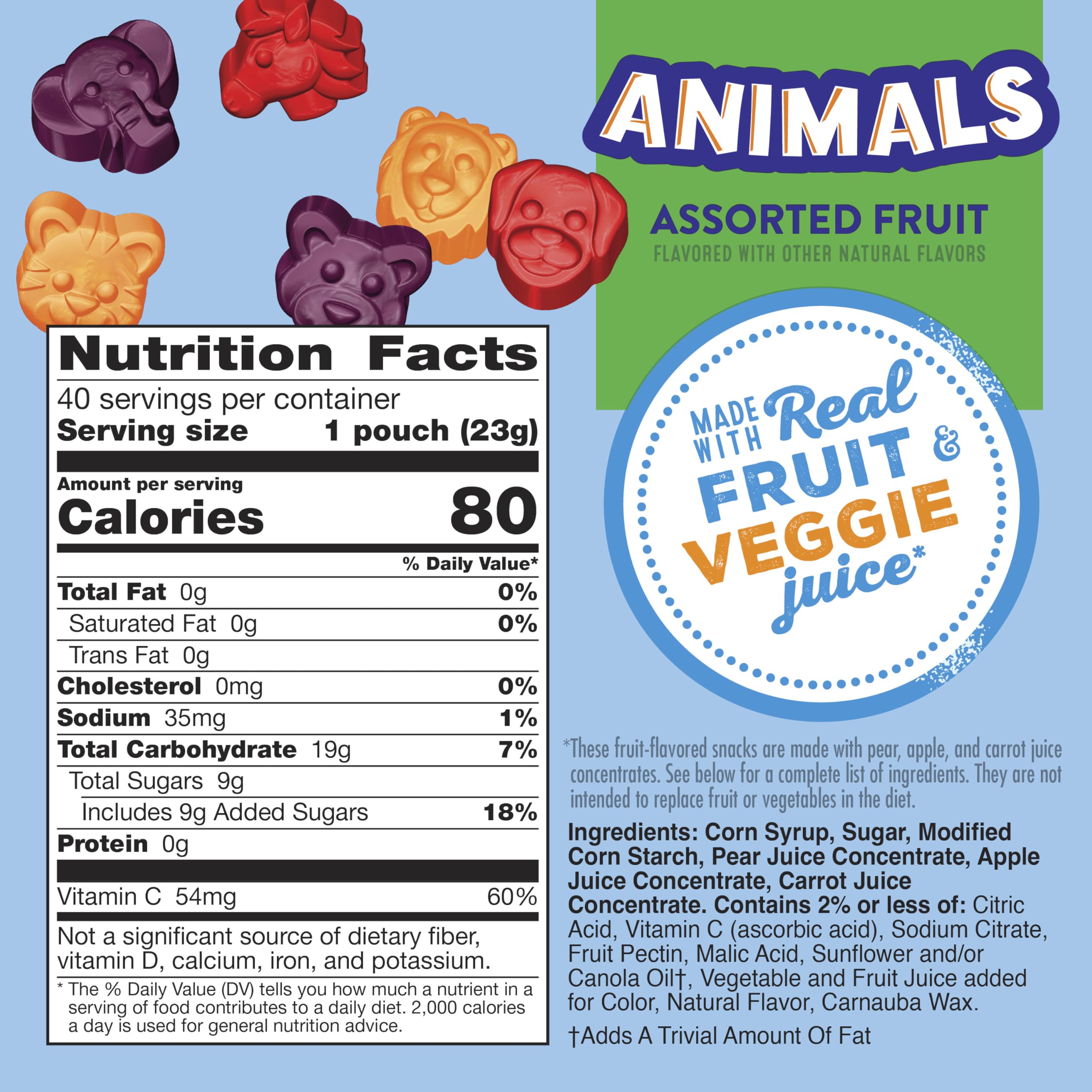 Mott's animal-shaped gummies in a single-serving pouch for lunchboxes.