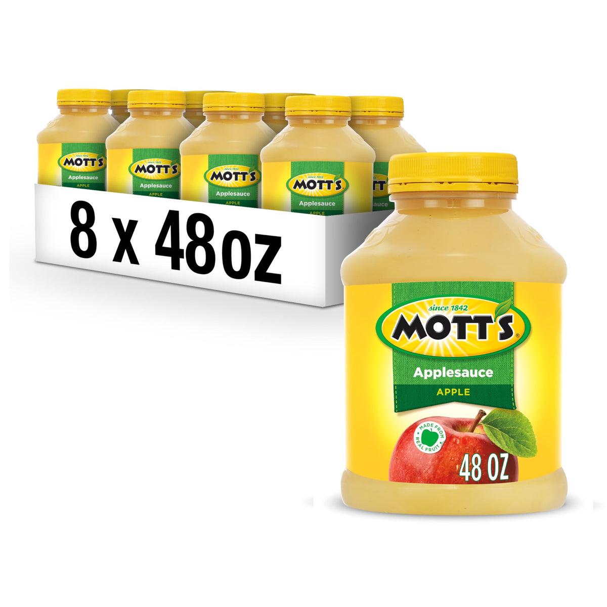 Mott's Applesauce 48 oz jar pack of 8 front view, convenient family-size snack.