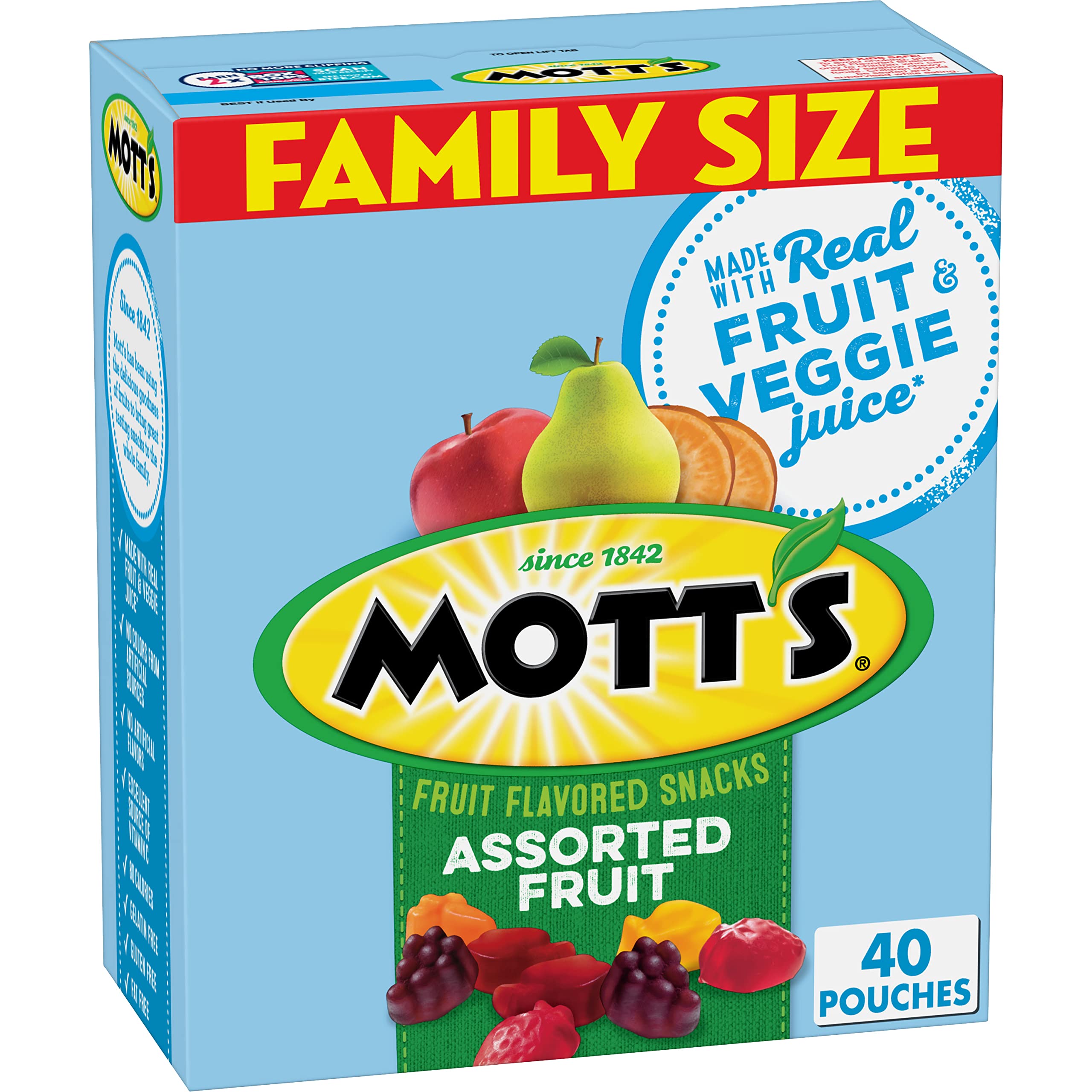 Motts Assorted Fruit Snacks family pack front label, ideal for school lunches