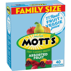 Motts Assorted Fruit Snacks family pack front label, ideal for school lunches