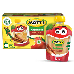 Mott's Cinnamon Applesauce in a clear pouch for on-the-go snacking.