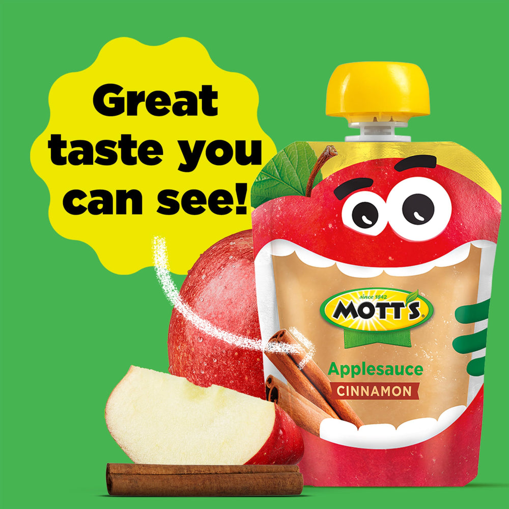 Mott's Cinnamon Applesauce label highlights no artificial flavors.
