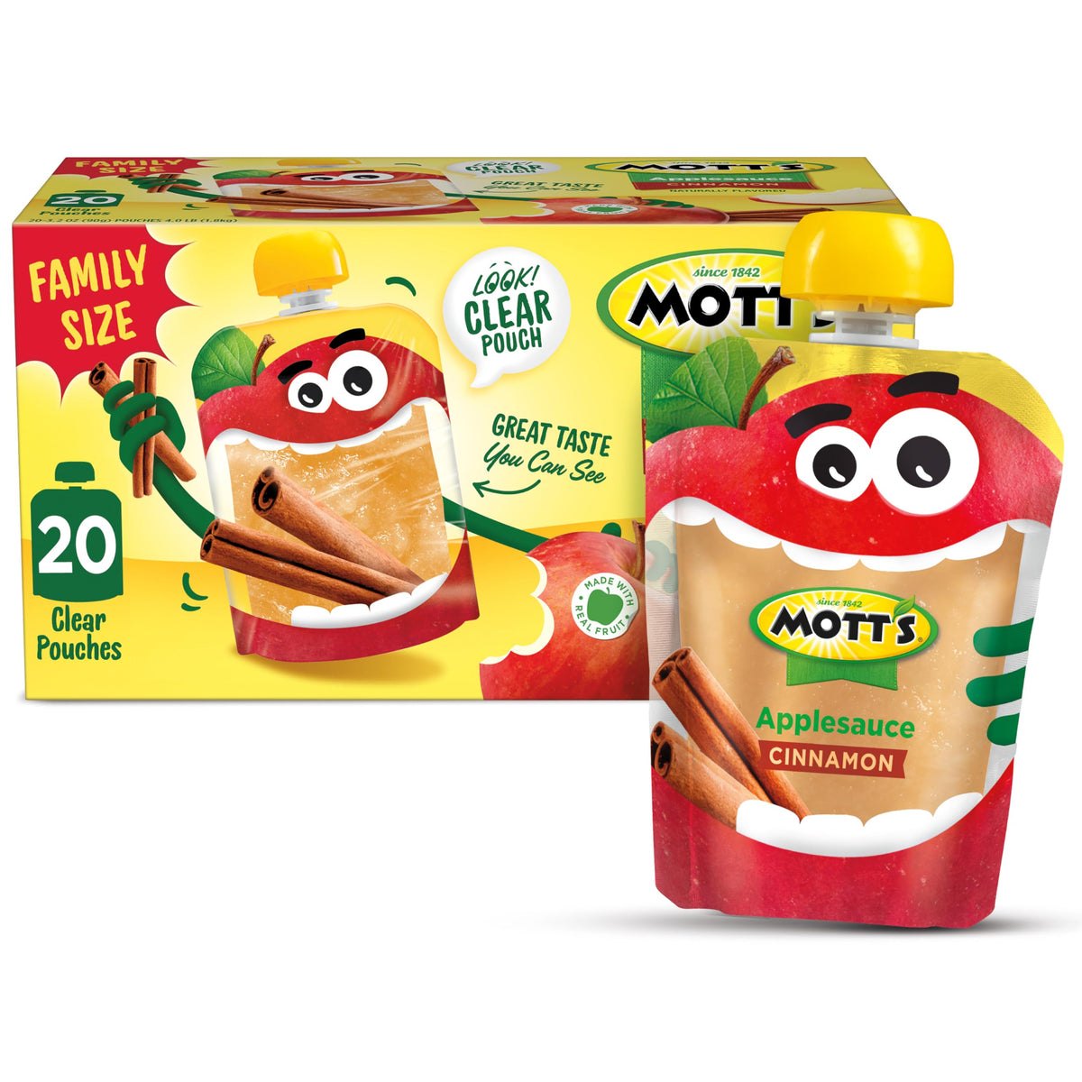 Mott's Cinnamon Applesauce pouch clear for mess-free on-the-go snacking