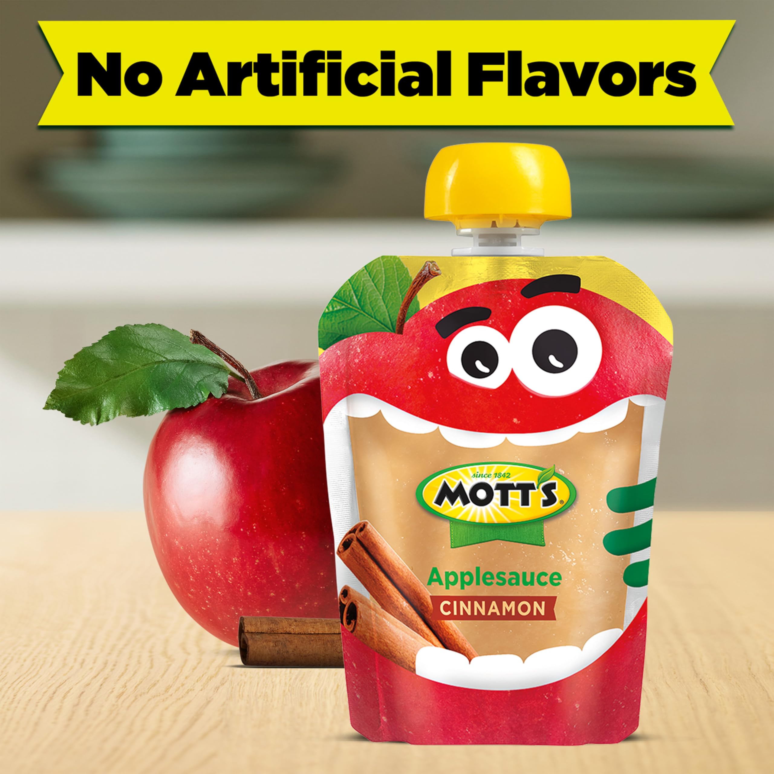 Mott's Cinnamon Applesauce pouch open ready to squeeze