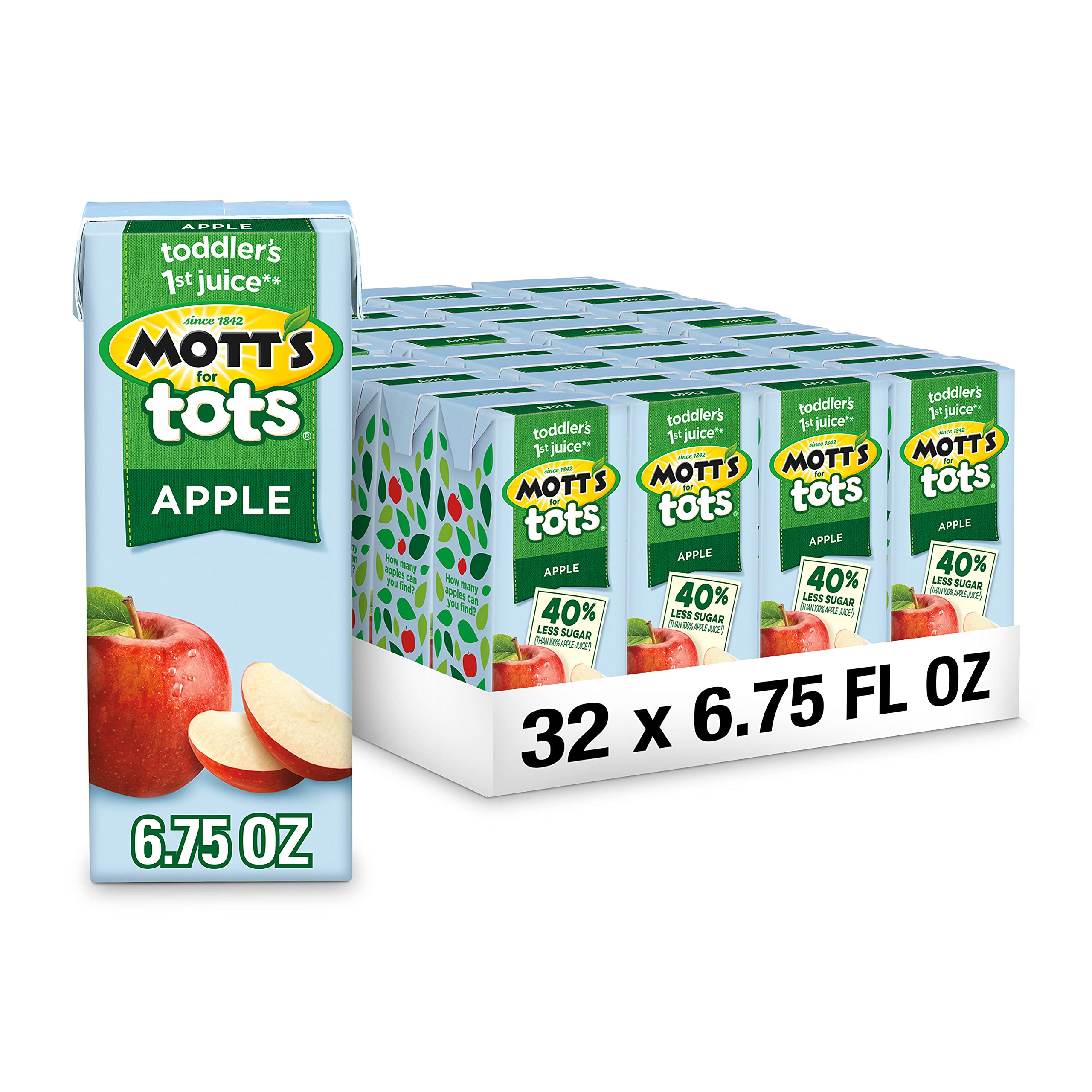 Mott's For Tots apple juice bottle showing toddler-friendly packaging and real fruit flavor