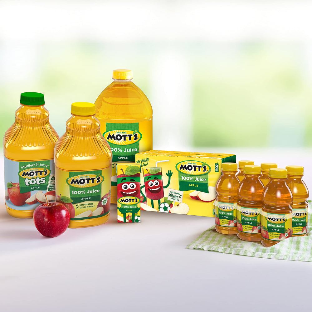 Mott's For Tots apple juice box pack illustrating convenient 6.75 fl oz servings