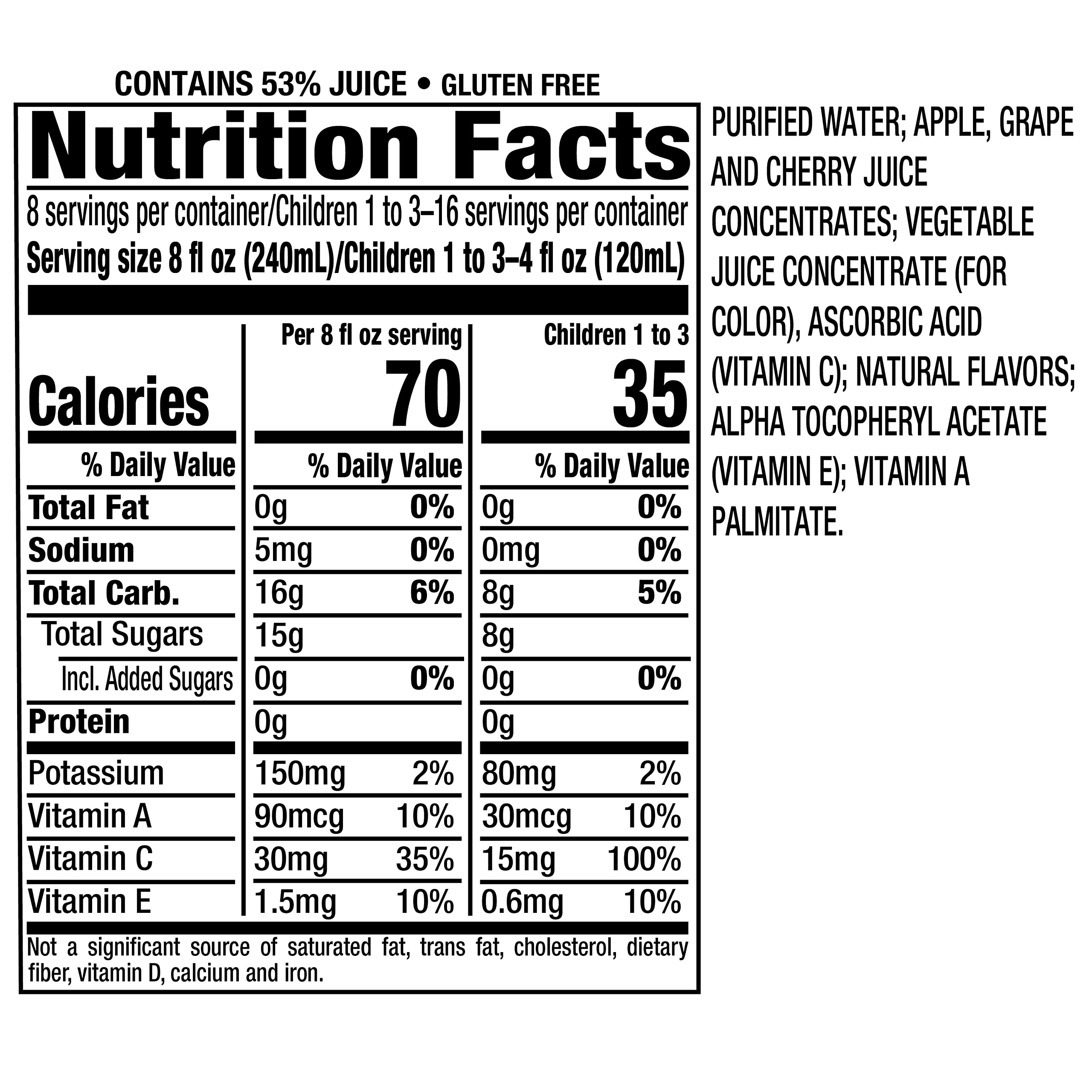Mott's For Tots Fruit Punch nutrition panel showing 35 DV Vitamin C.