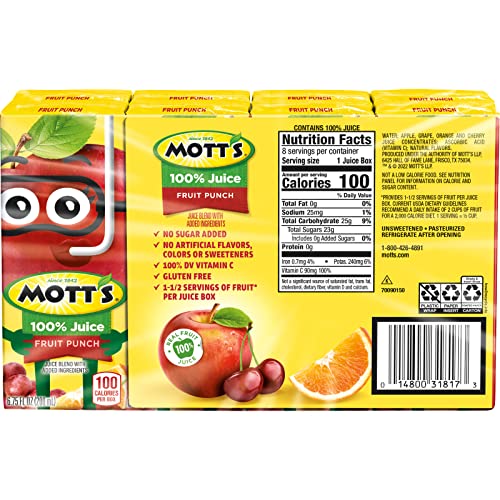 Close-up of Mott's packaging highlighting 100% juice and no added sugar