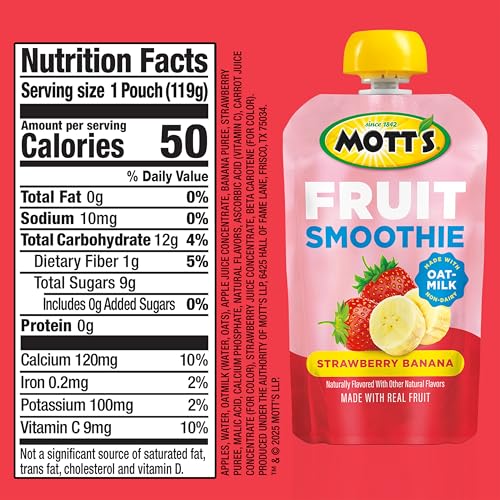 Mott's Fruit Smoothies real-fruit ingredients shown in the pouch