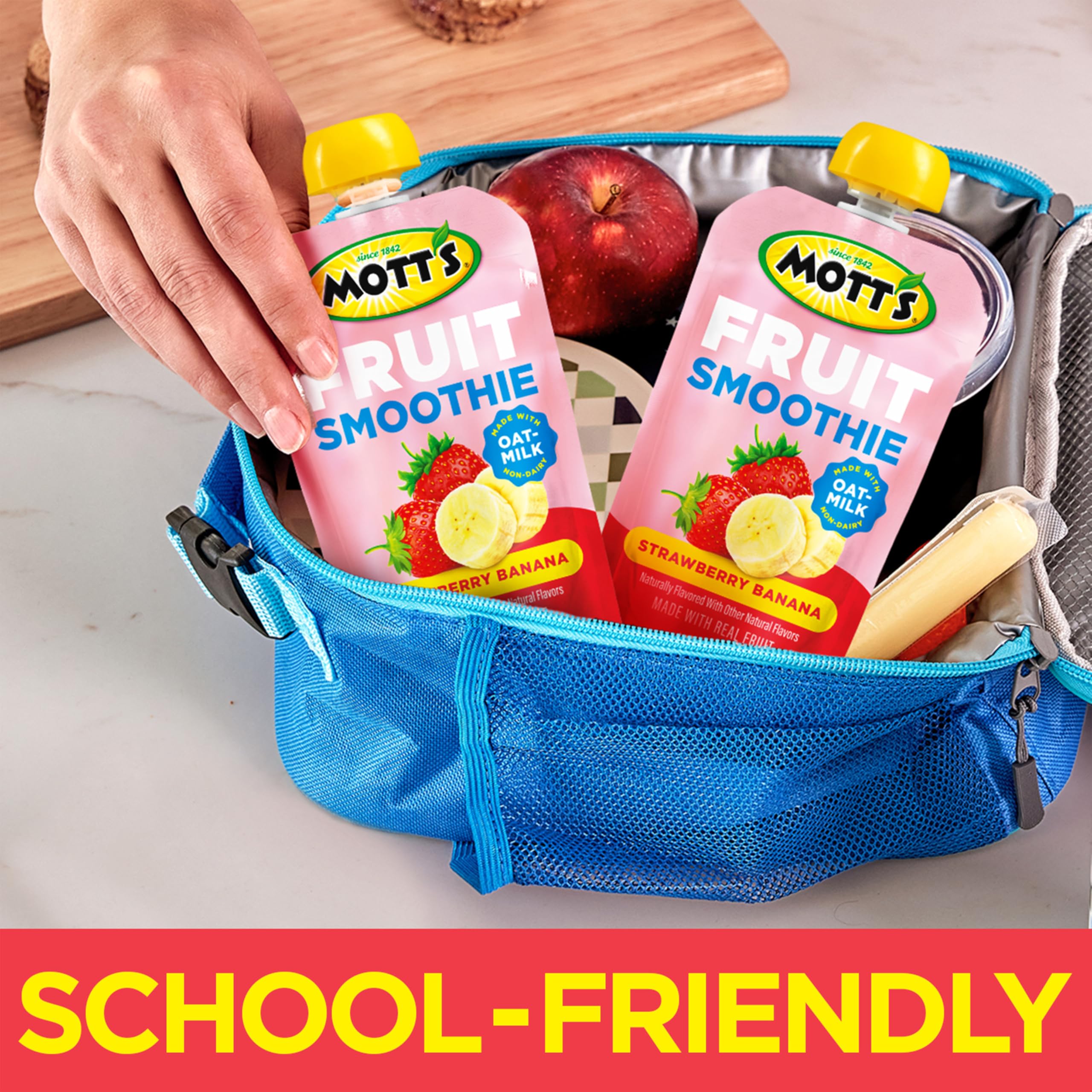 Mott's Strawberry Banana nutrient icons on label help busy families choose.