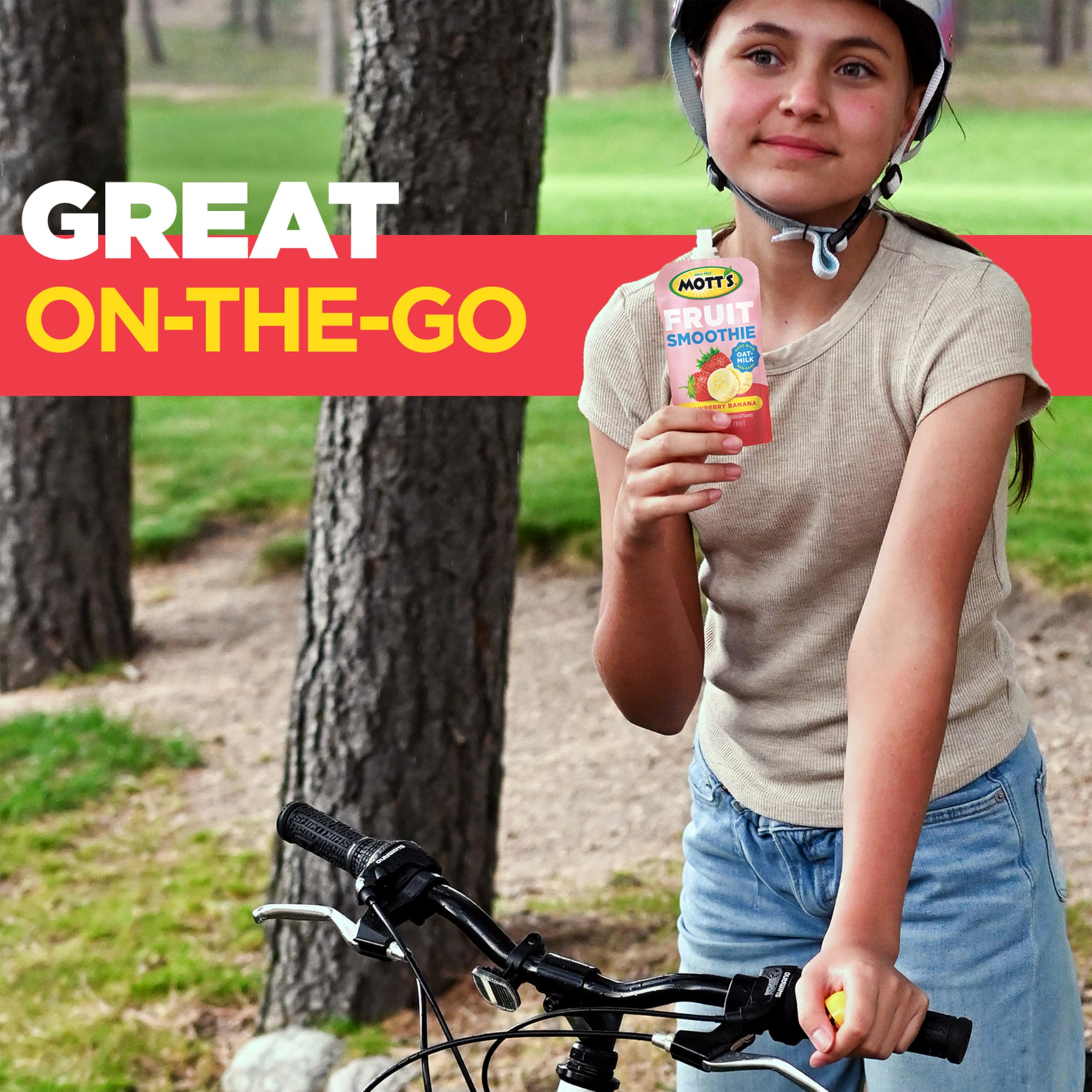 Mott's fruit pieces visible in smoothie image emphasize real fruit quality.