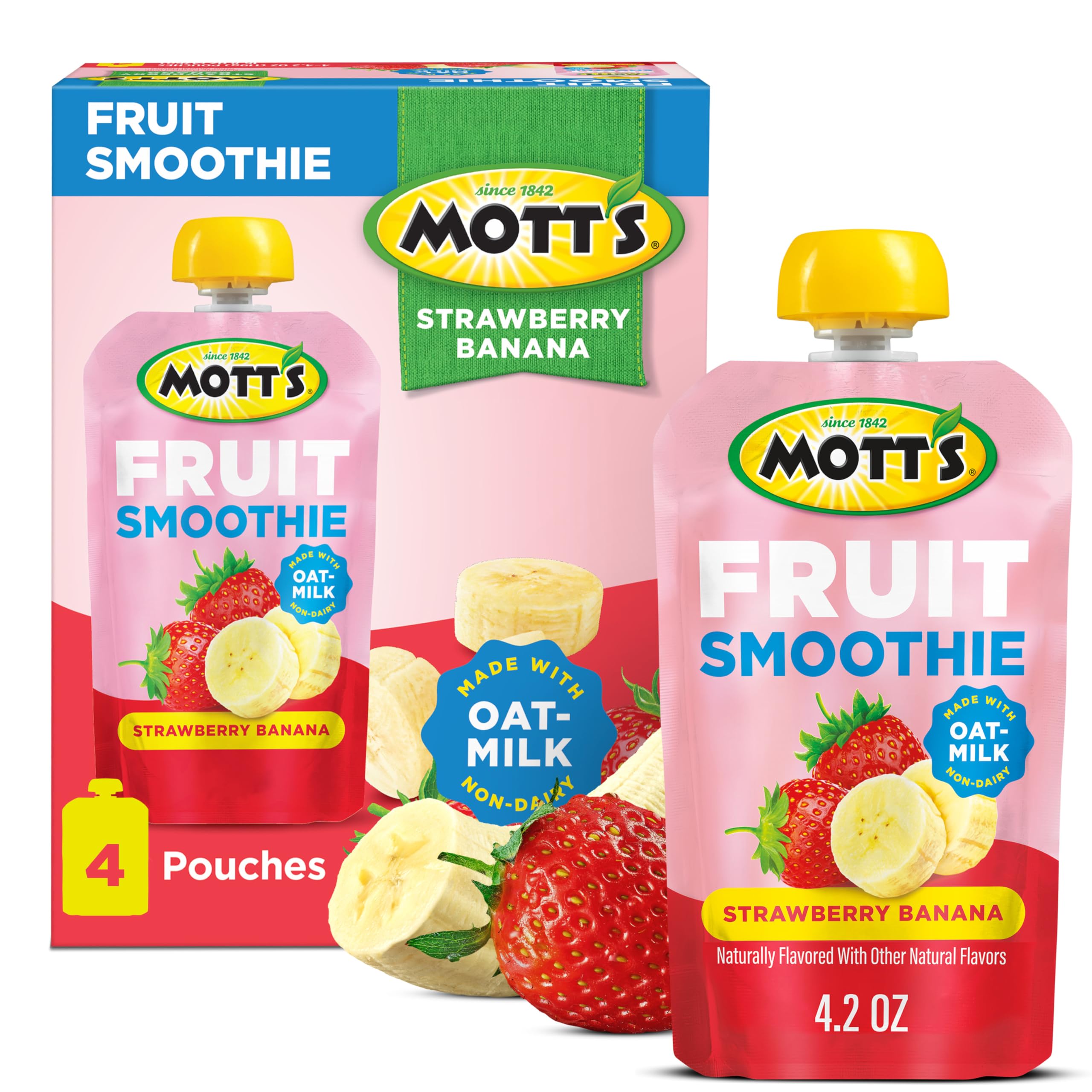 Mott’s Fruit Smoothies strawberry banana pouch, ready-to-go with real fruit.