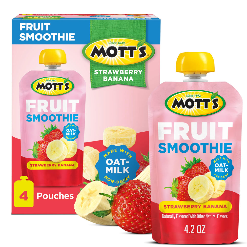 Mott’s Fruit Smoothies strawberry banana pouch, ready-to-go with real fruit.