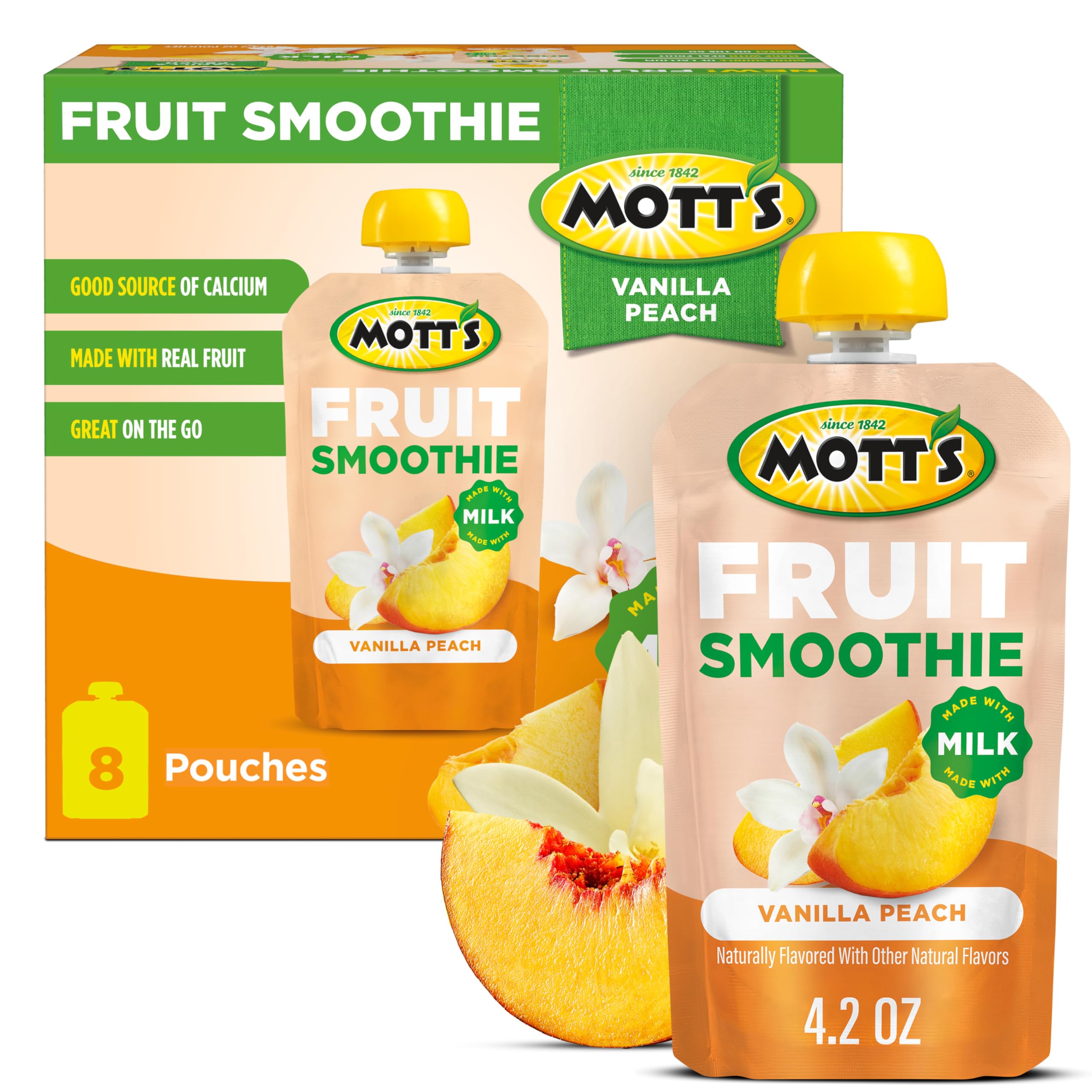 Mott's Fruit Smoothies Vanilla Peach pouch front showing real fruit flavor for on-the-go snacking