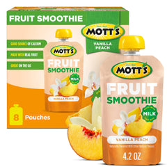 Mott's Fruit Smoothies Vanilla Peach pouch front showing real fruit flavor for on-the-go snacking
