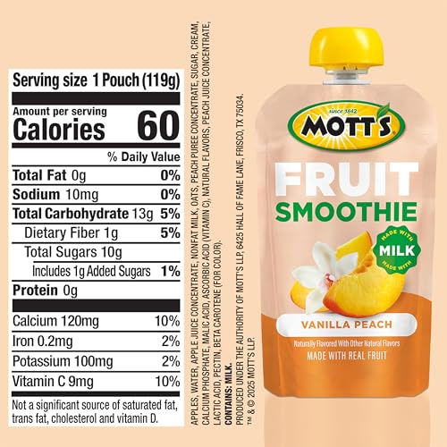 Mott's Vanilla Peach pouch nutrition panel highlights calcium and milk-based smoothie