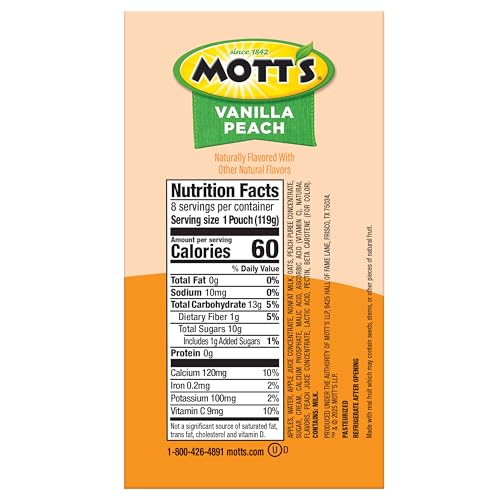 Mott's Vanilla Peach pouch side view emphasizes shelf-stable convenience for families