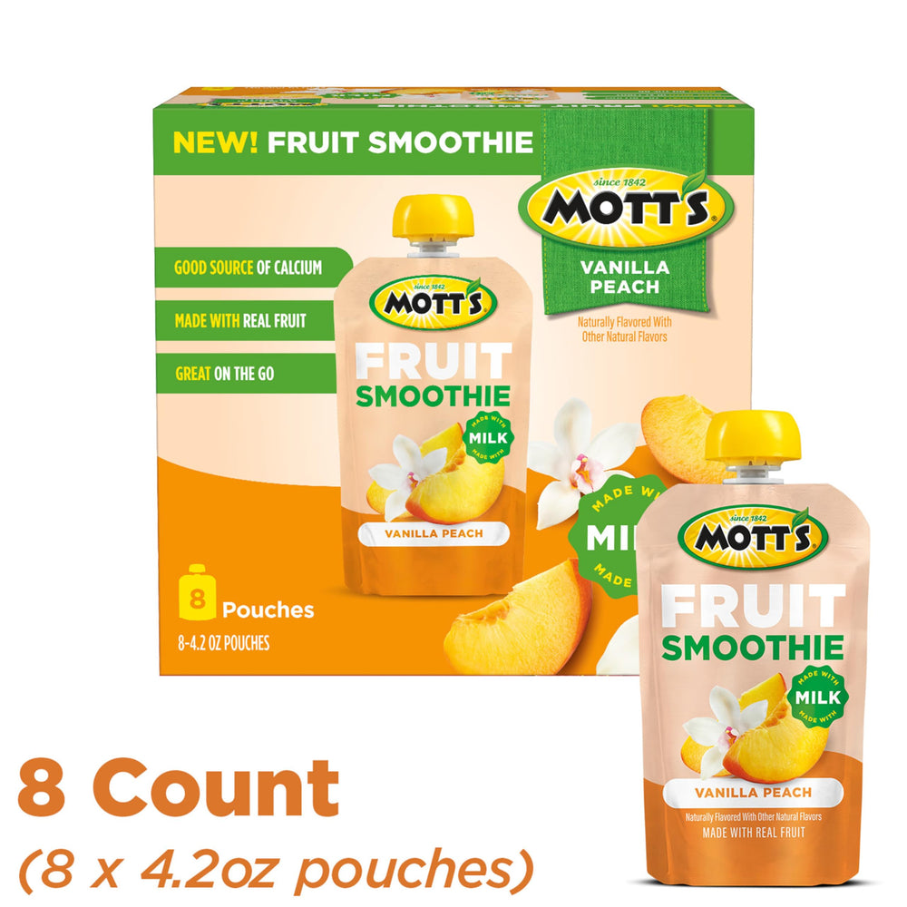 Mott's Vanilla Peach smoothie poured into glass for quick breakfast or snack idea
