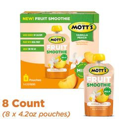 Mott's Vanilla Peach smoothie poured into glass for quick breakfast or snack idea
