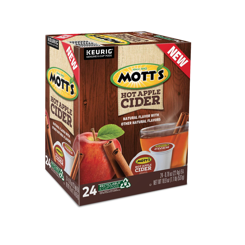 Recyclable K-Cup pods label visible for Mott's cider