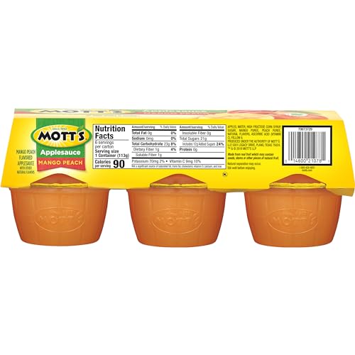 Mott's Mango Peach Applesauce clear cup top view, kid-friendly choice.