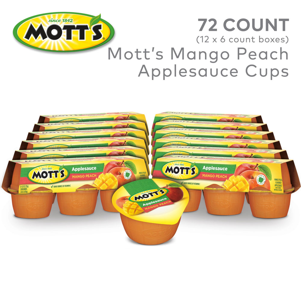 Mott's Mango Peach Applesauce nutrition panel, source of vitamin C for families.