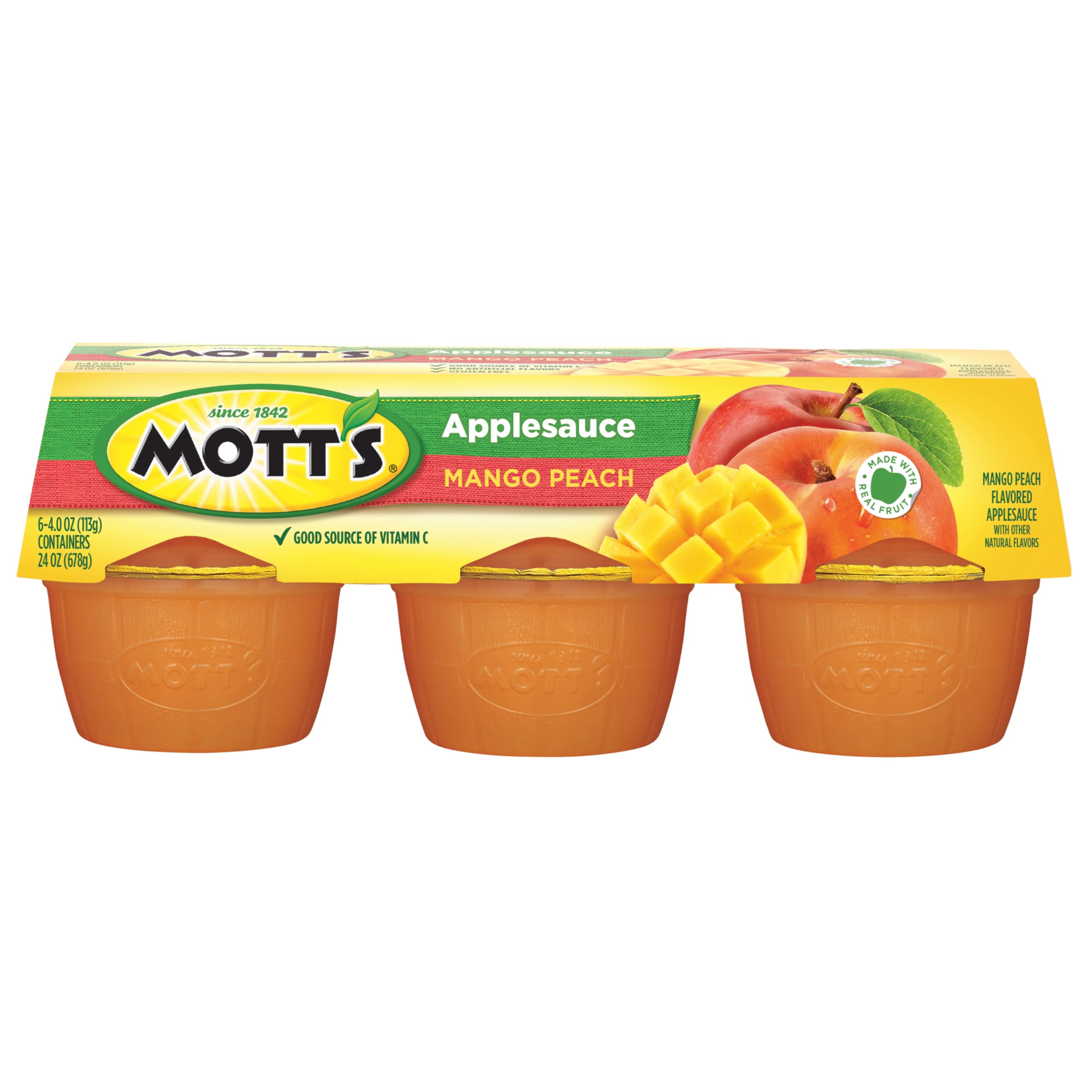 Mott's Mango Peach Applesauce juice color close-up, appealing fruit mix.