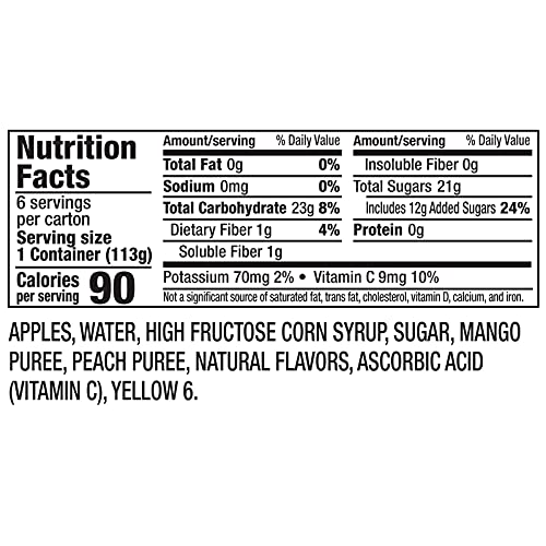 Mott's Mango Peach Applesauce label art, no artificial flavors badge visible.