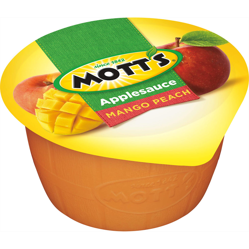 Mott's Mango Peach Applesauce ripe fruit visuals, inviting family snack.