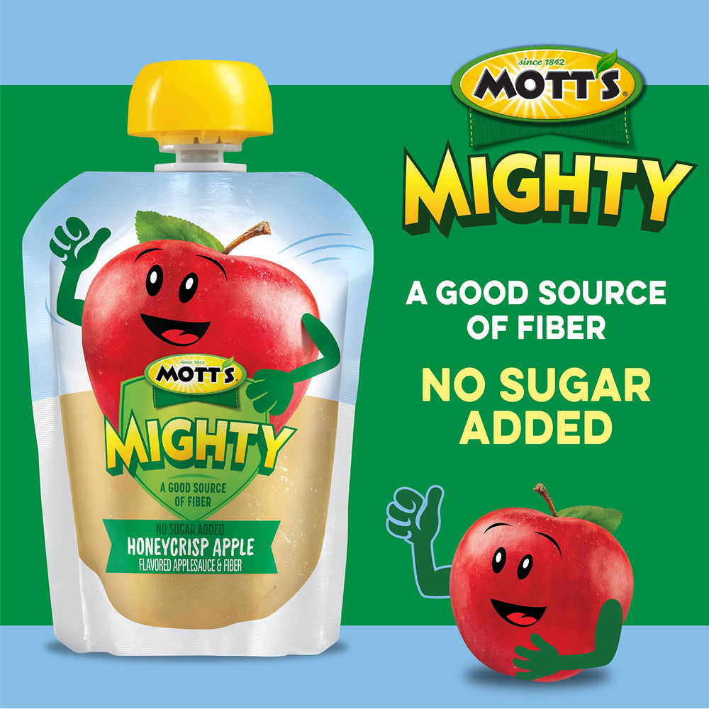 Mott's Mighty fiber blend applesauce pouch with added fiber for digestion