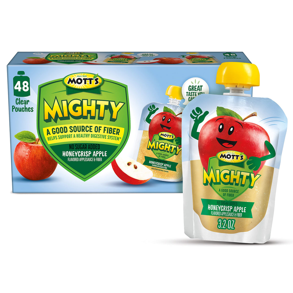 Mott's Mighty Honeycrisp applesauce pouch pouring for a quick on-the-go snack