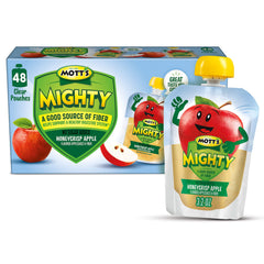 Mott's Mighty Honeycrisp applesauce pouch pouring for a quick on-the-go snack