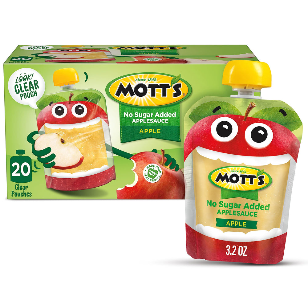Mott's No Sugar Added applesauce in a clear pouch for on-the-go snacking
