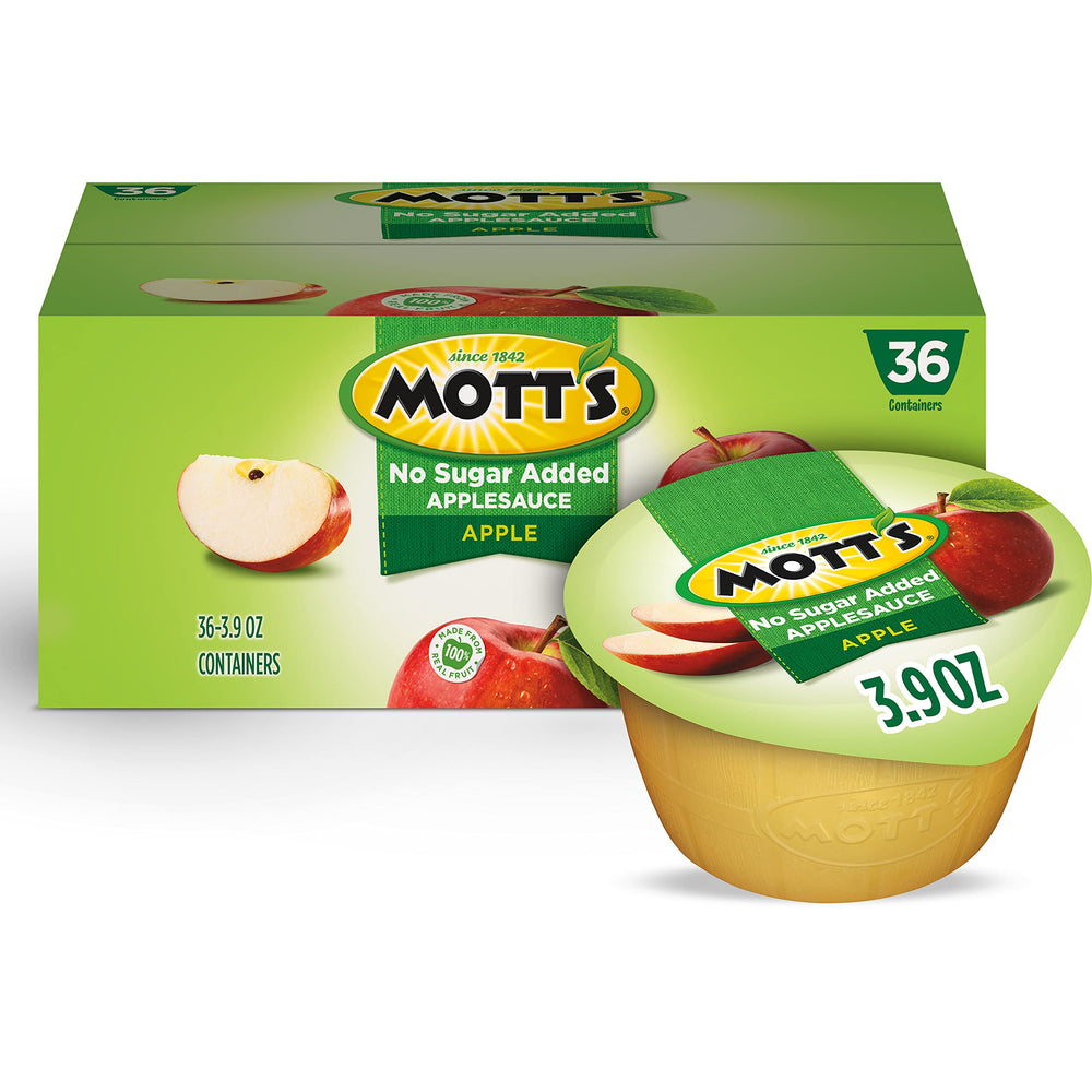 Mott's No Sugar Added Applesauce cups close-up highlights clear packaging and convenient snacking.