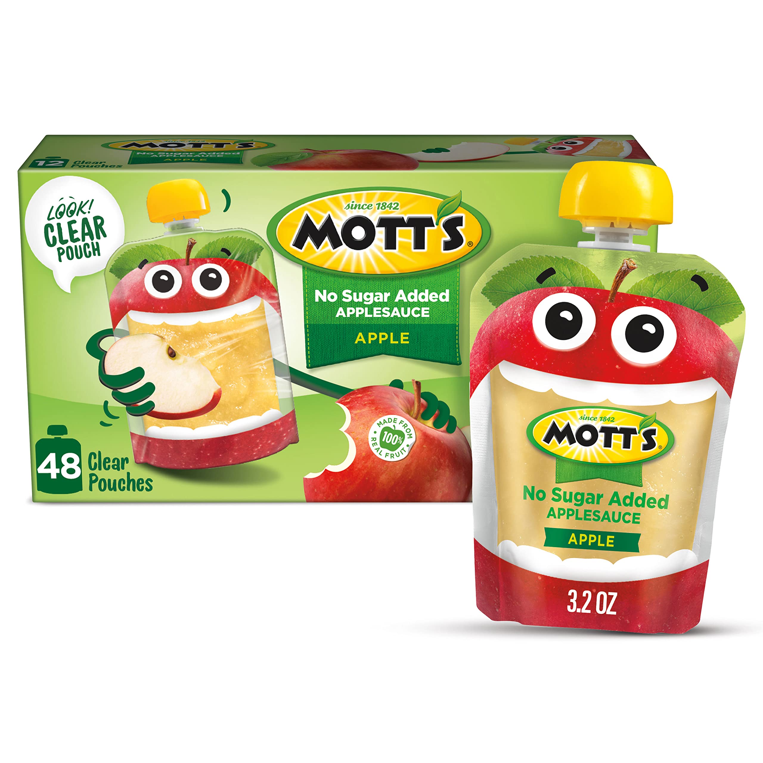 Mott's no sugar added applesauce in a clear pouch for on-the-go snacking
