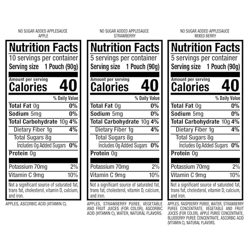 Motts No Sugar Added Applesauce Mixed Berry Pouch highlights tart sweetness and vitamin C.