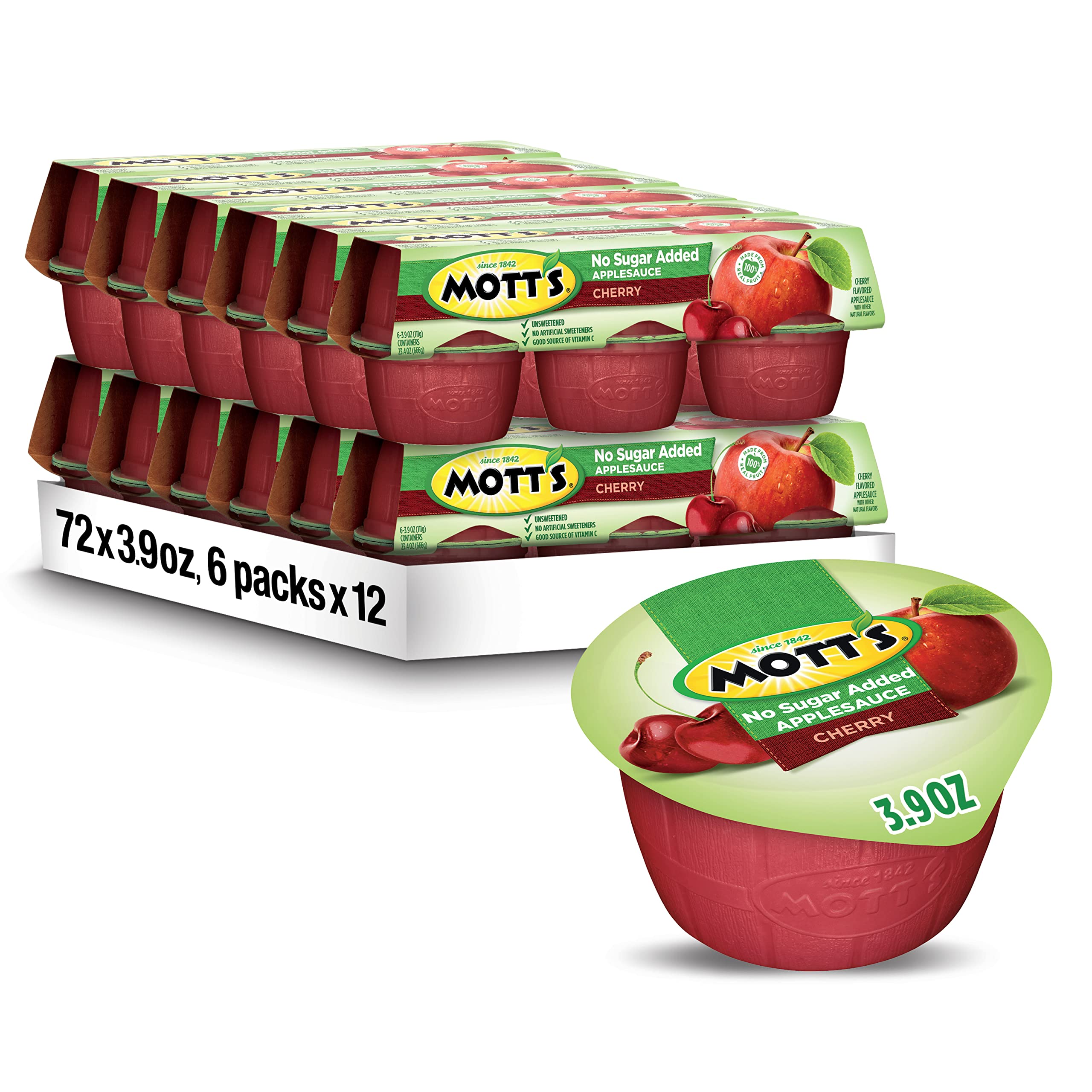 Mott's No Sugar Added Cherry Applesauce cup image showing convenient on-the-go snack