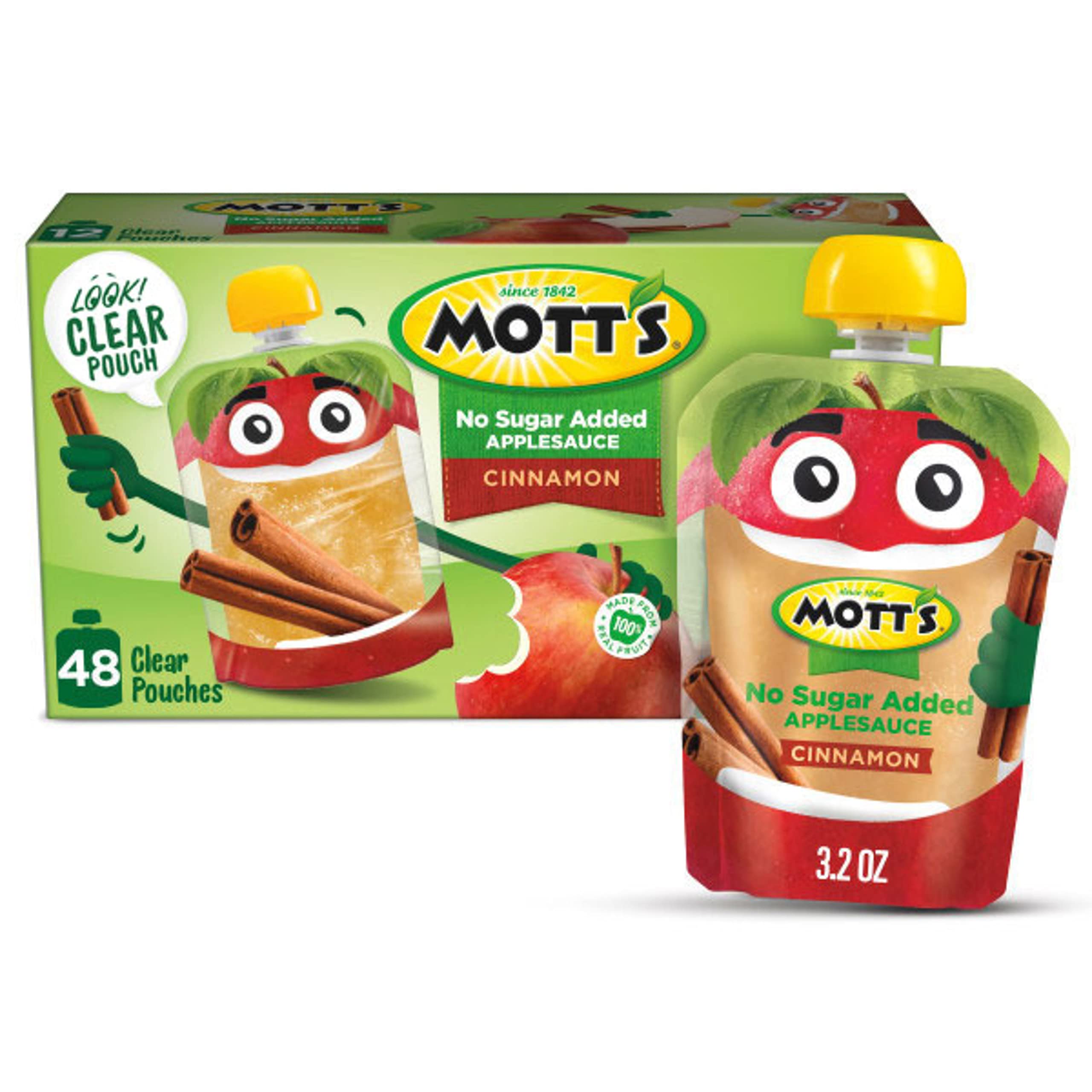 Mott's No Sugar Added Cinnamon Applesauce clear pouch on the go for a mess-free snack