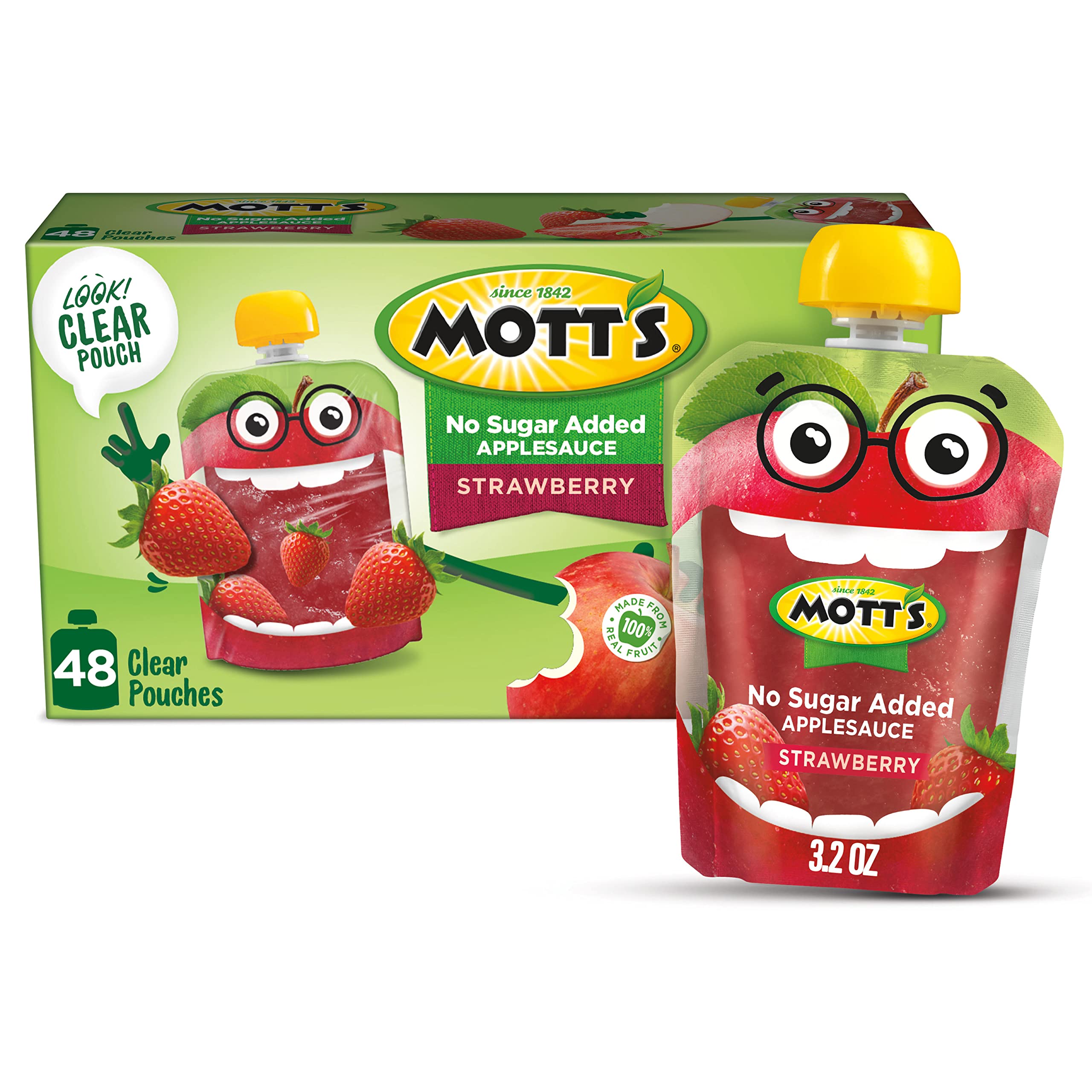Mott's No Sugar Added Strawberry Applesauce clear pouch for mess-free on-the-go snacking.