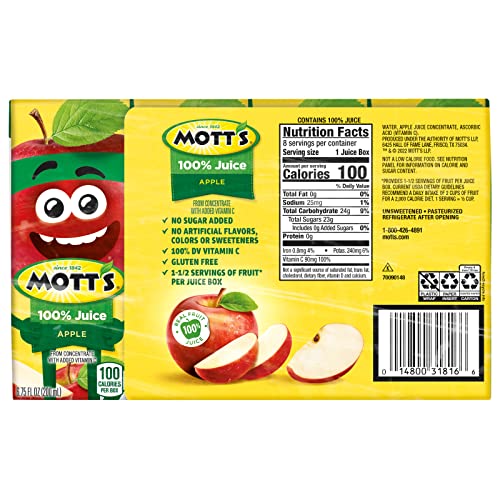 Mott's Original Apple Juice box side reveals nutrition panel for quick choices.