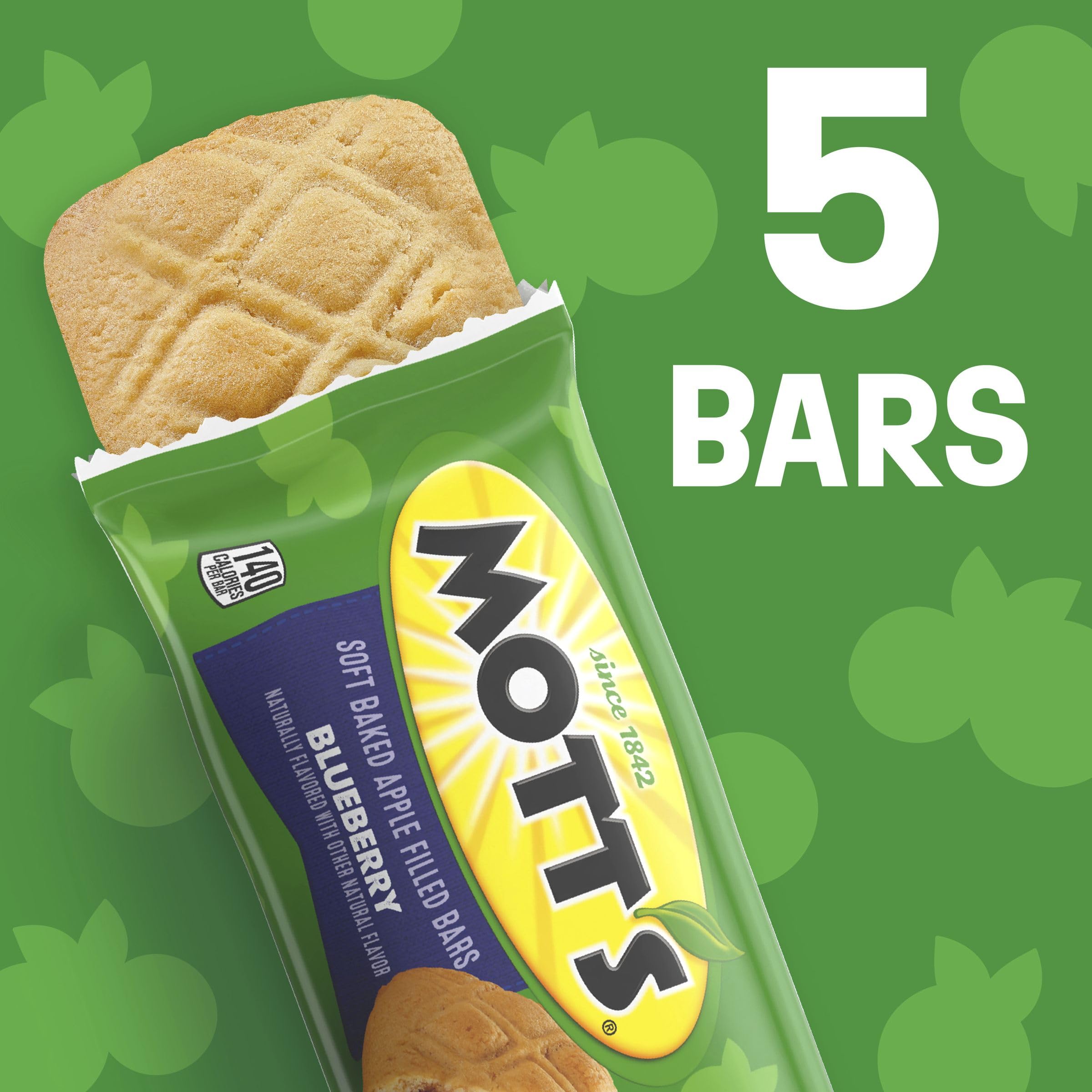 Packaging of Mott's Soft Baked Apple Filled Bars blueberry emphasizes real fruit quality.