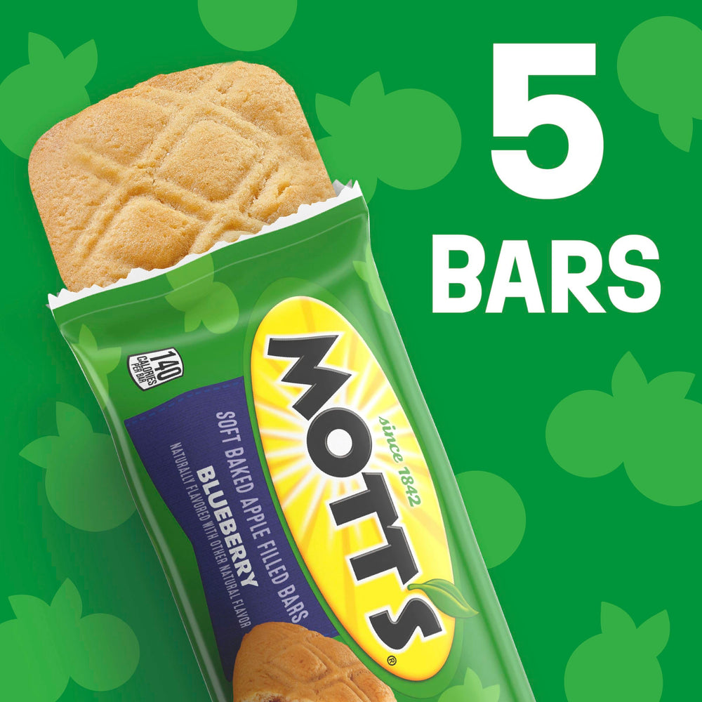 Packaging of Mott's Soft Baked Apple Filled Bars blueberry emphasizes real fruit quality.